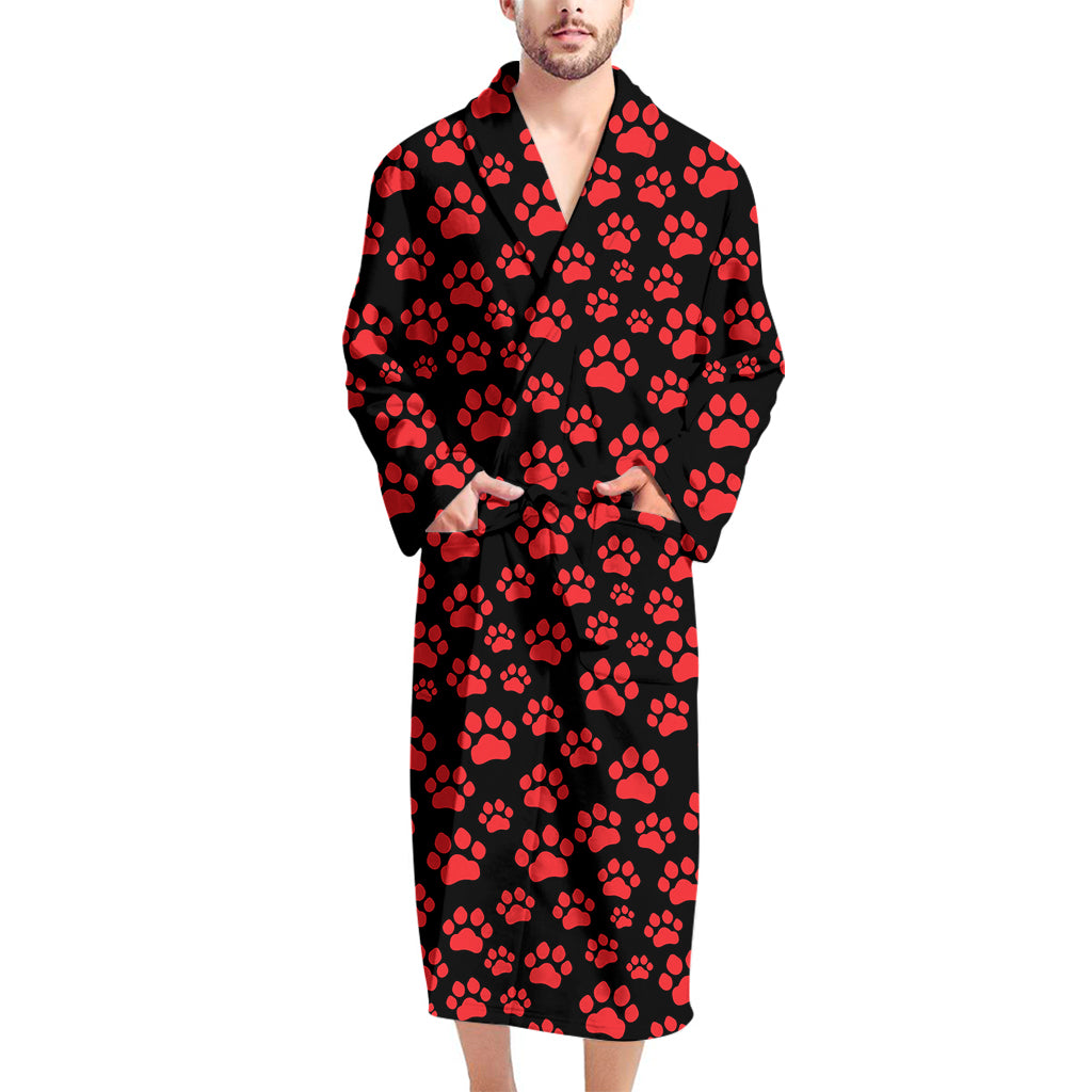 Red And Black Paw Pattern Print Men's Bathrobe