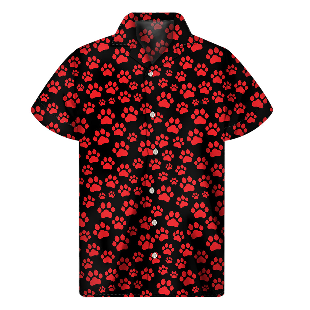 Red And Black Paw Pattern Print Men's Short Sleeve Shirt