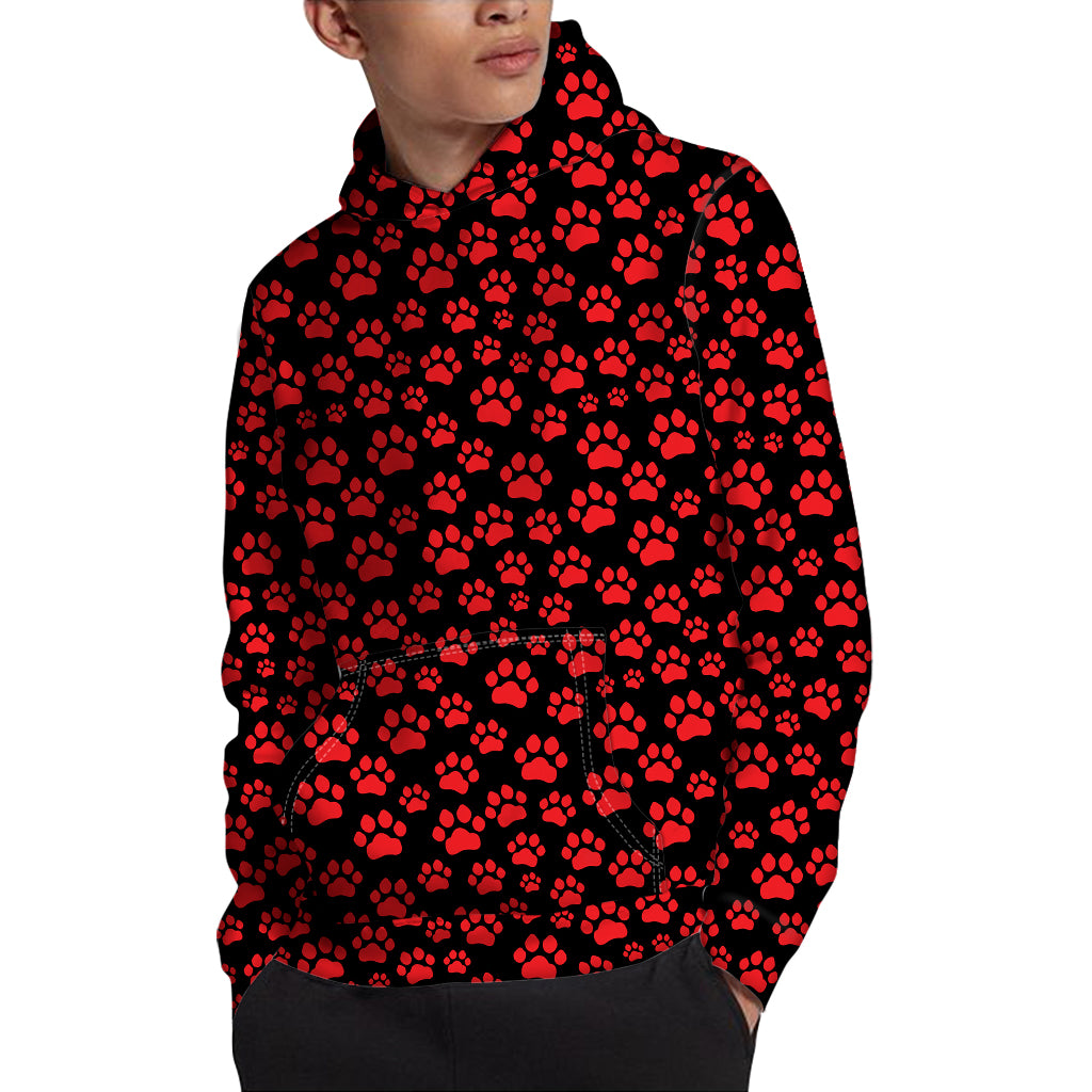 Red And Black Paw Pattern Print Pullover Hoodie