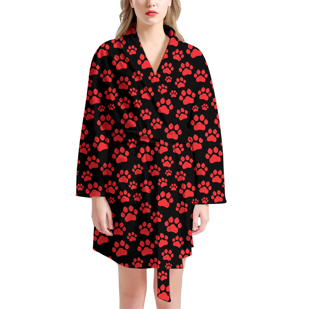 Red And Black Paw Pattern Print Women's Bathrobe