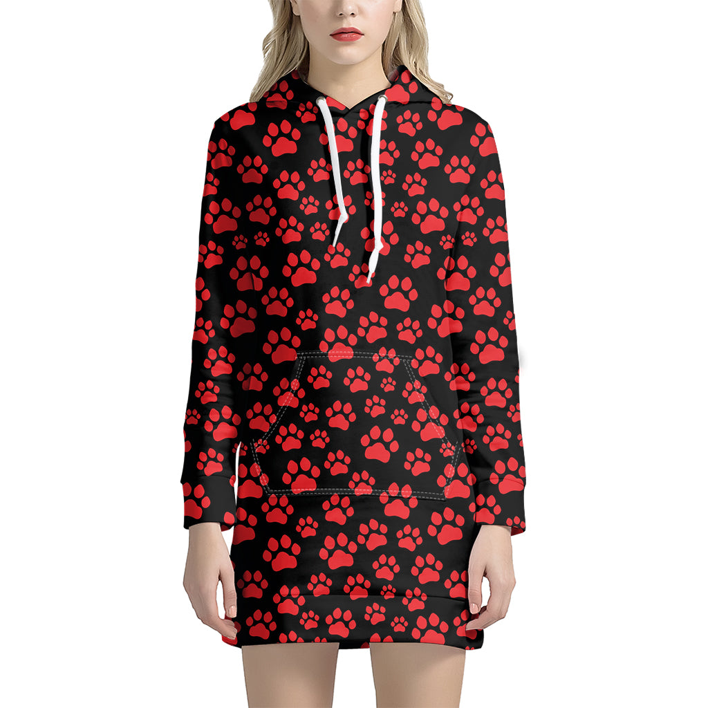 Red And Black Paw Pattern Print Women's Pullover Hoodie Dress