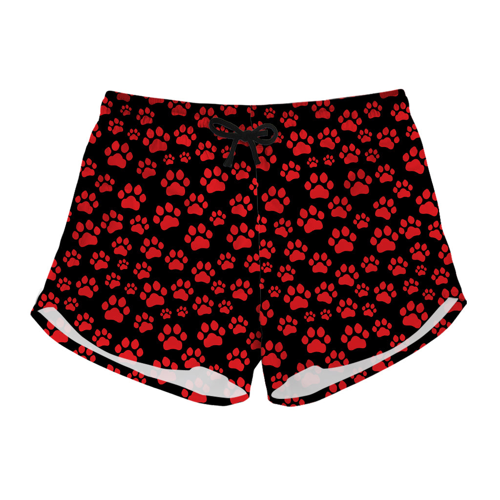 Red And Black Paw Pattern Print Women's Shorts