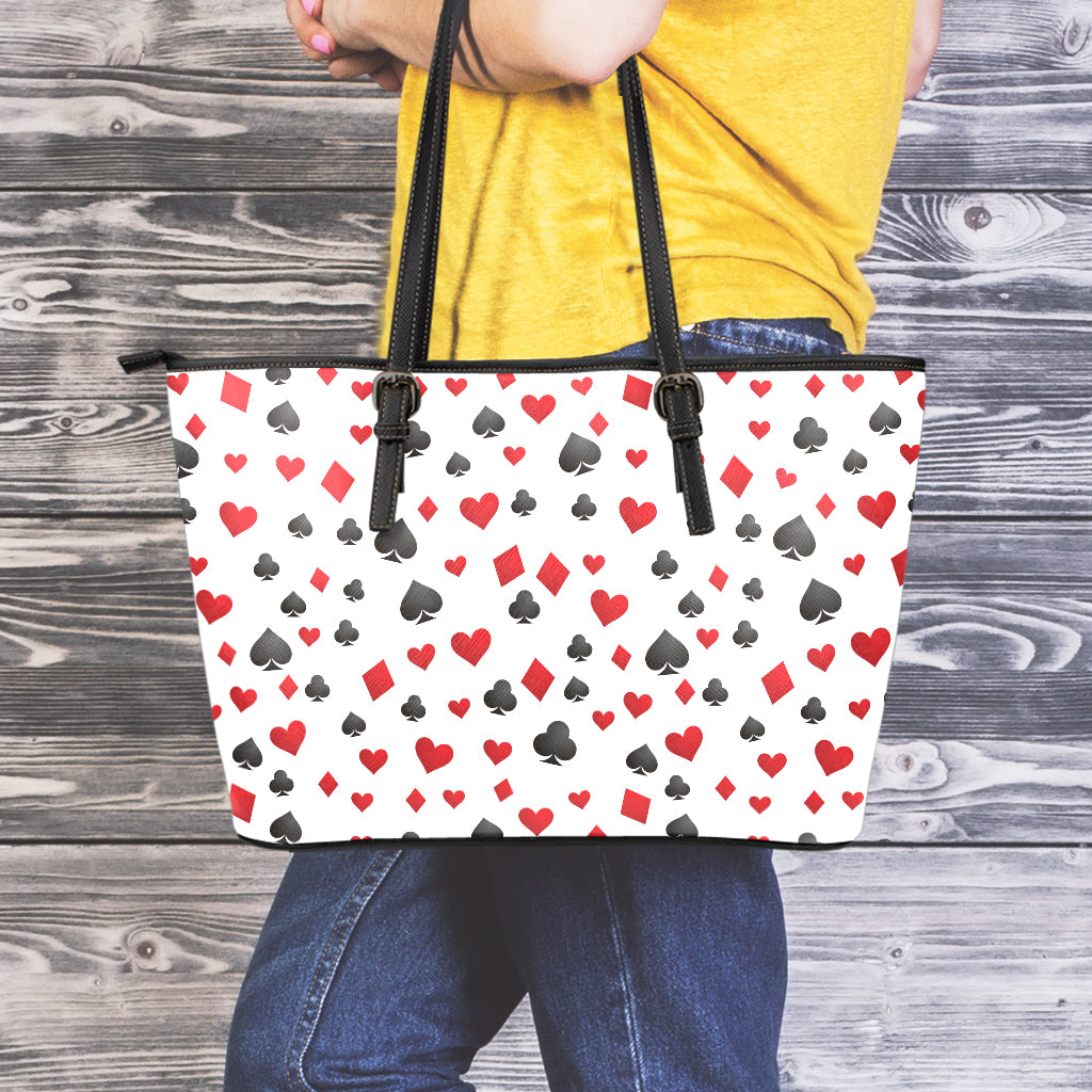 Red And Black Playing Card Suits Print Leather Tote Bag