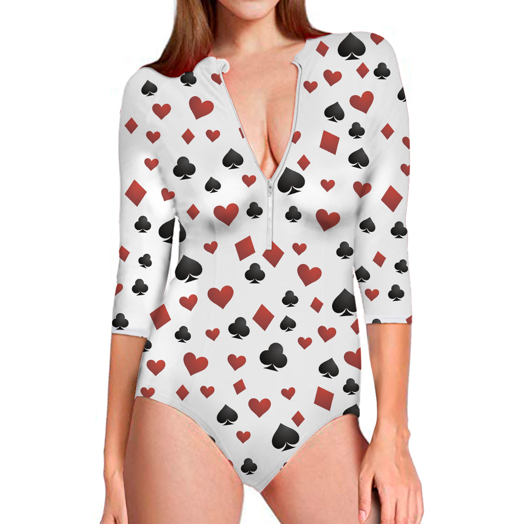 Red And Black Playing Card Suits Print Long Sleeve One Piece Swimsuit