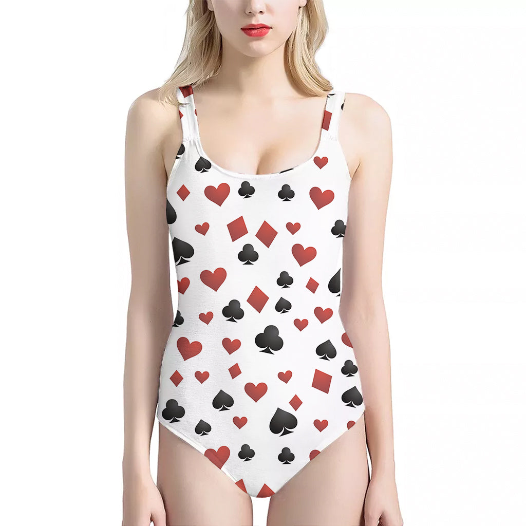 Red And Black Playing Card Suits Print One Piece Halter Neck Swimsuit