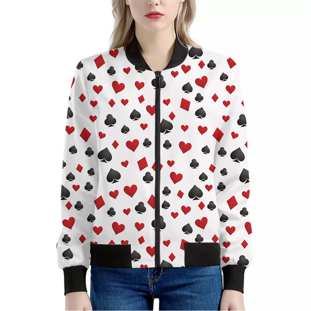 Red And Black Playing Card Suits Print Women's Bomber Jacket