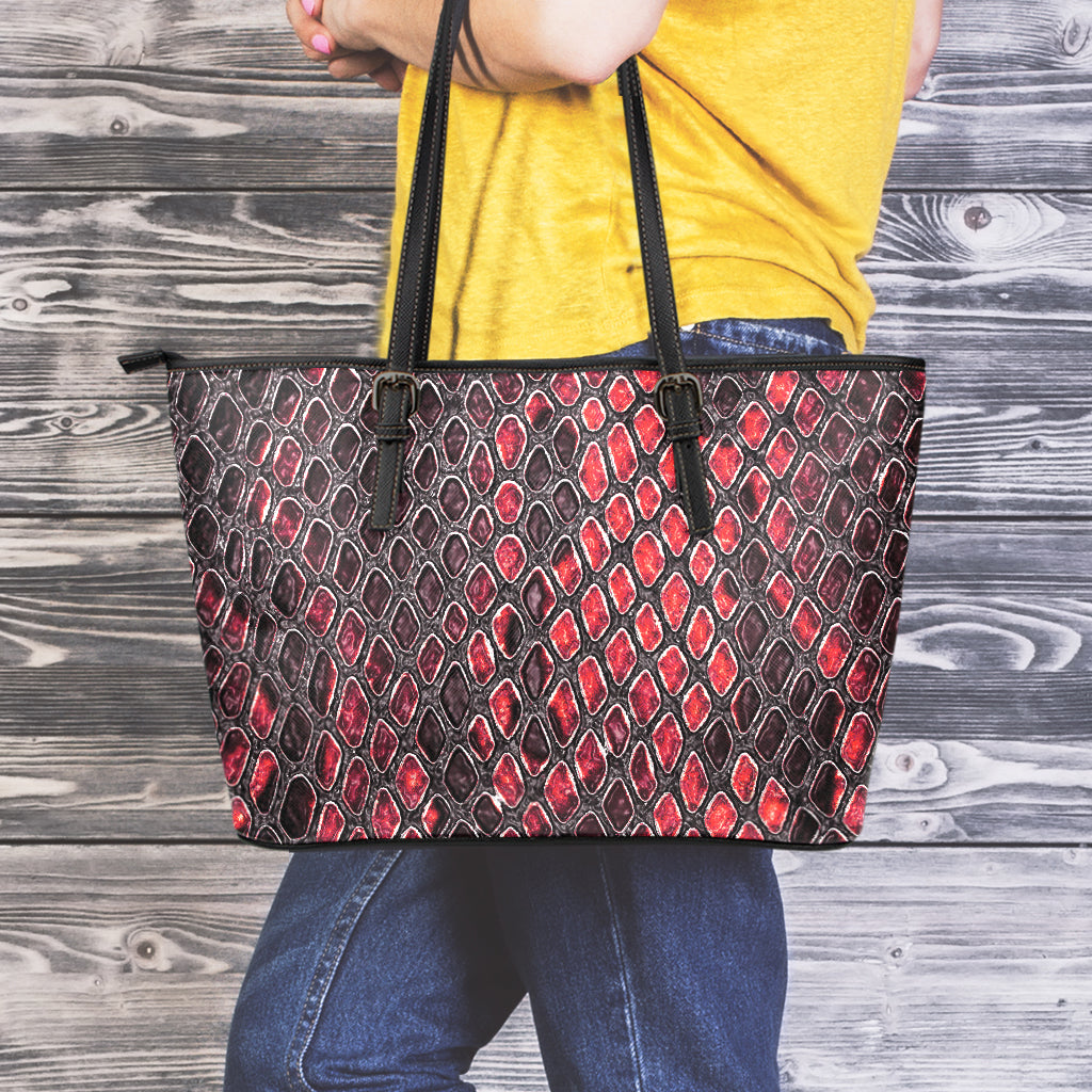 Red And Black Snakeskin Print Leather Tote Bag