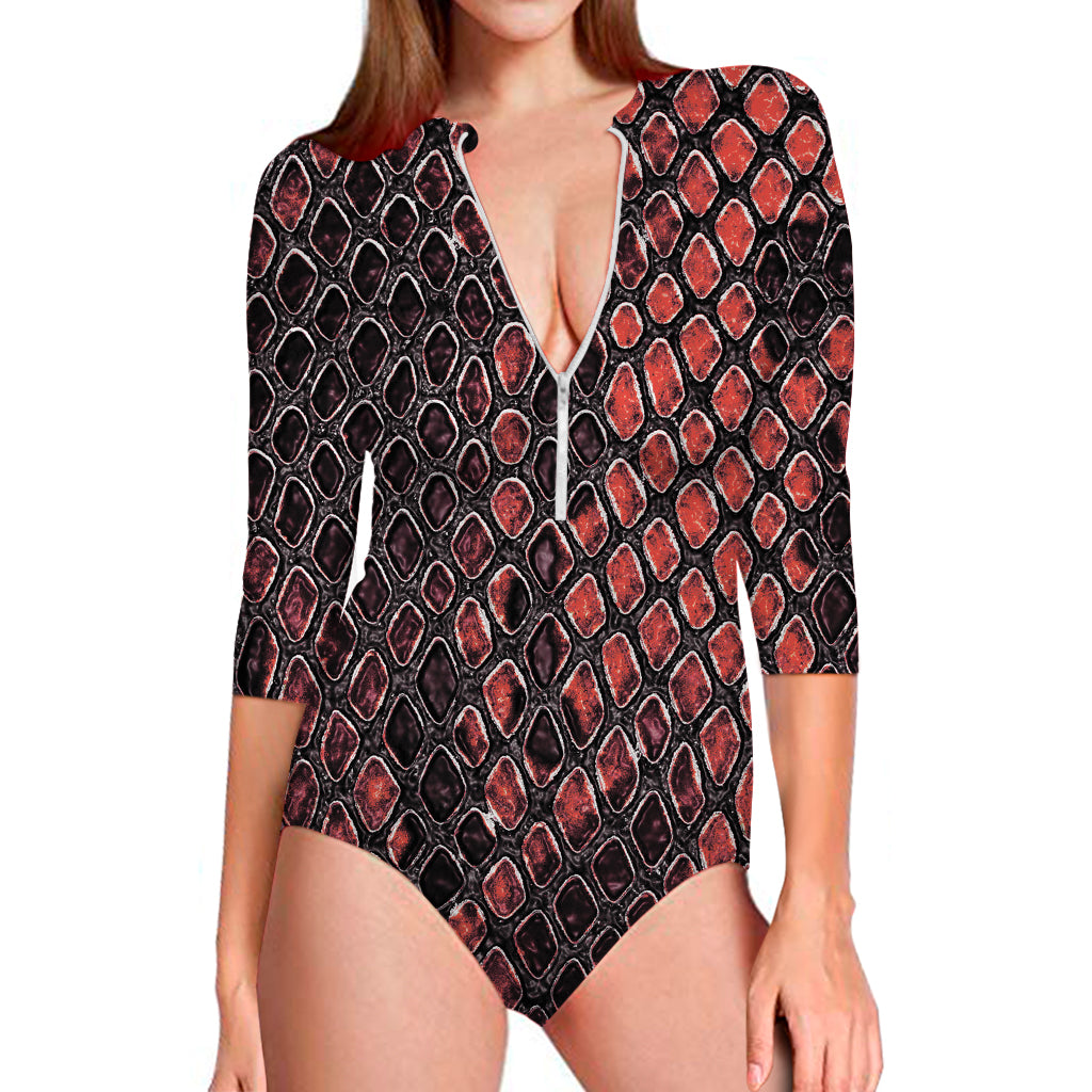 Red And Black Snakeskin Print Long Sleeve One Piece Swimsuit