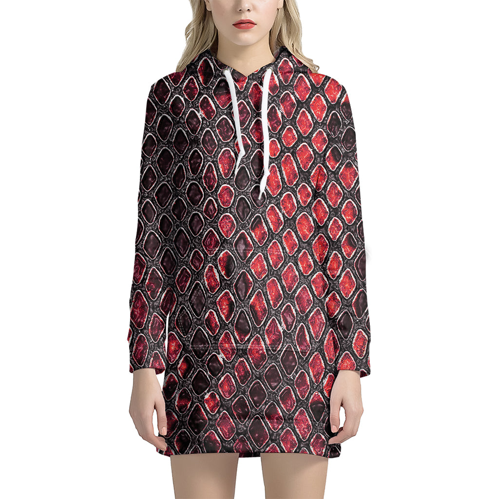 Red And Black Snakeskin Print Women's Pullover Hoodie Dress