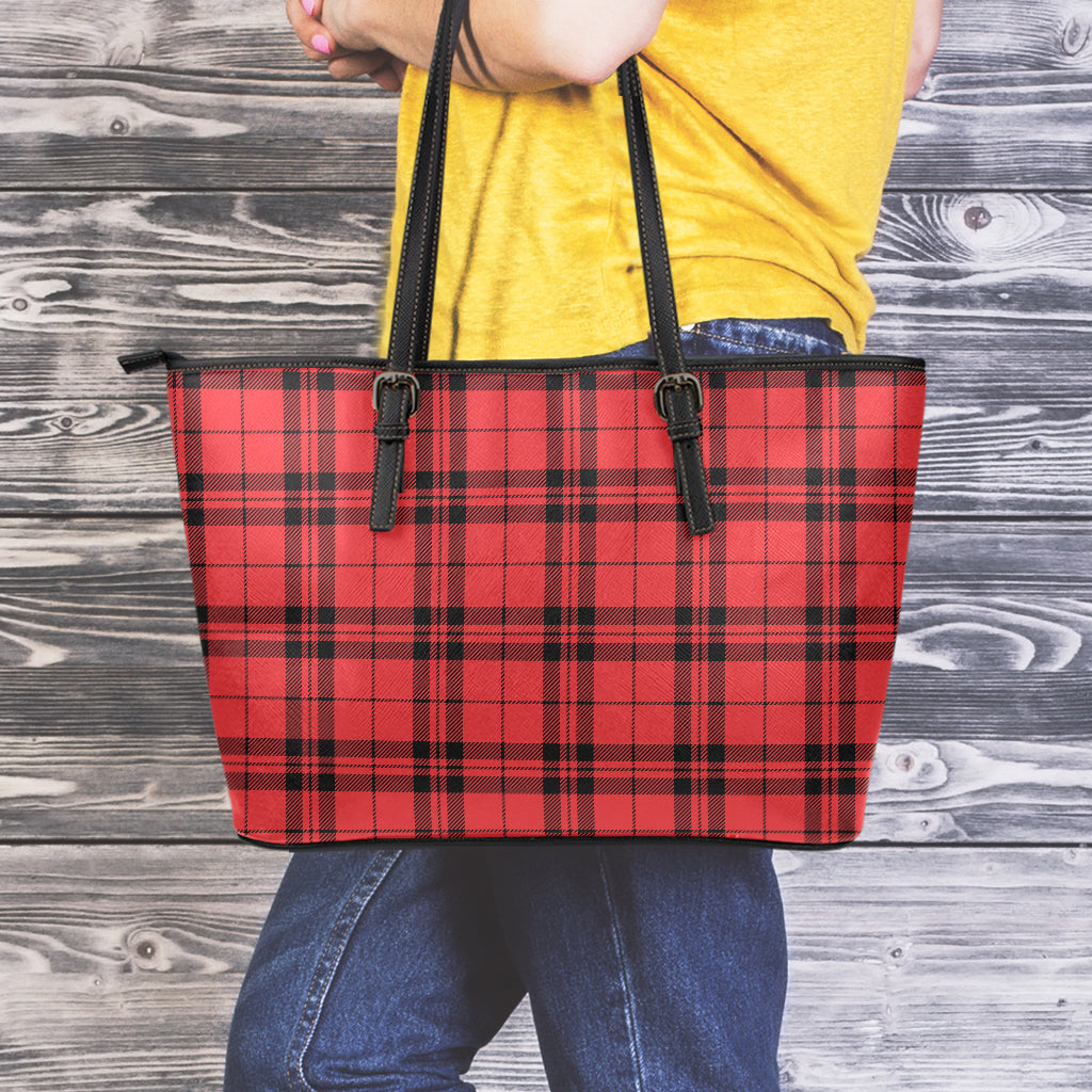 Red And Black Tartan Pattern Print Leather Tote Bag