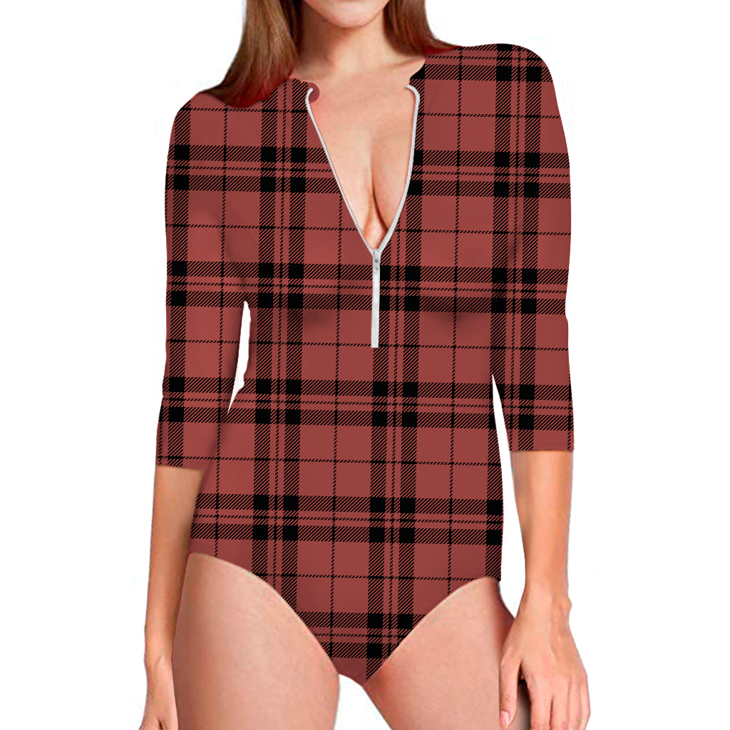 Red And Black Tartan Pattern Print Long Sleeve One Piece Swimsuit