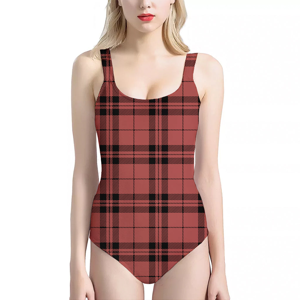 Red And Black Tartan Pattern Print One Piece Halter Neck Swimsuit