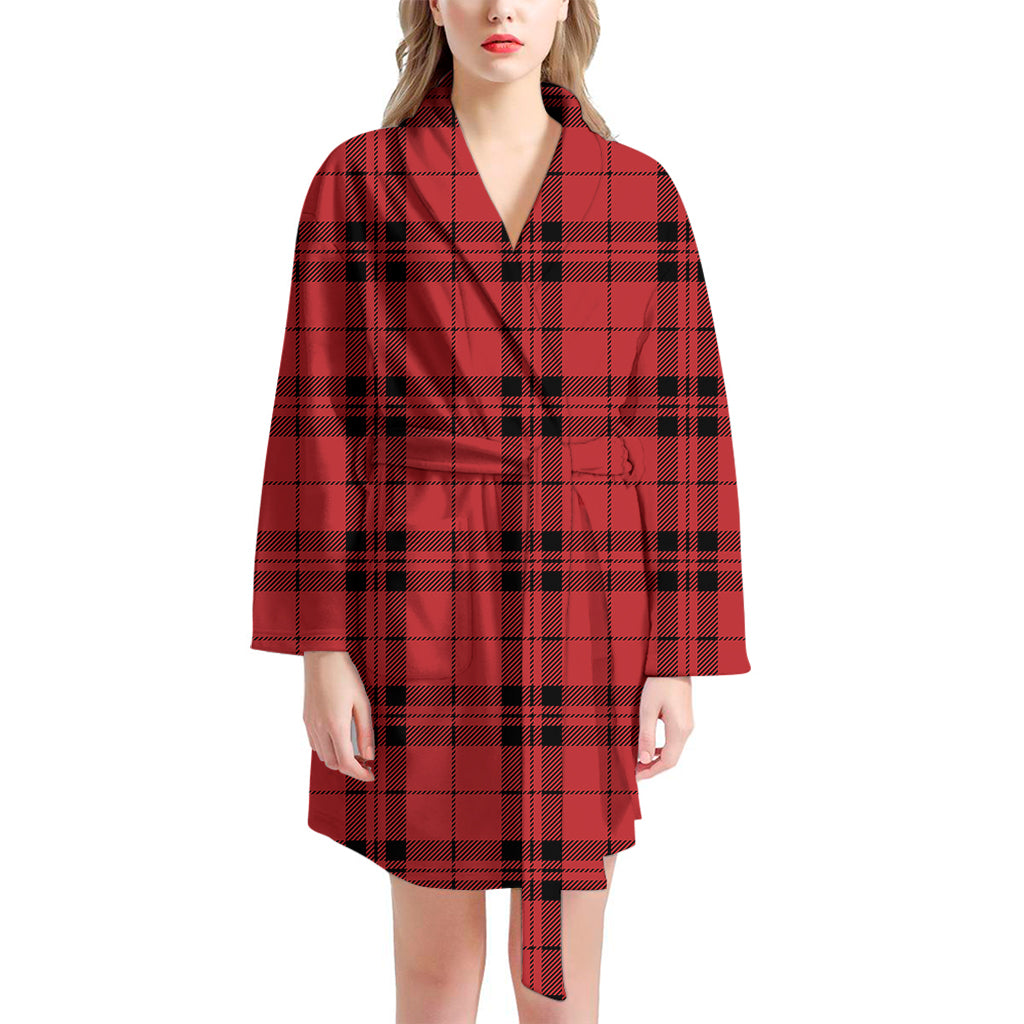 Red And Black Tartan Pattern Print Women's Bathrobe