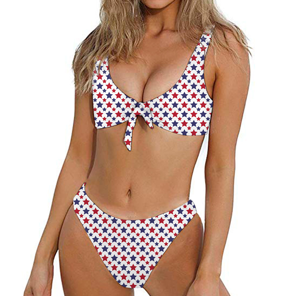 Red And Blue American Star Pattern Print Front Bow Tie Bikini