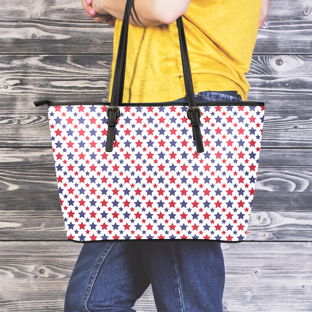 Red And Blue American Star Pattern Print Leather Tote Bag