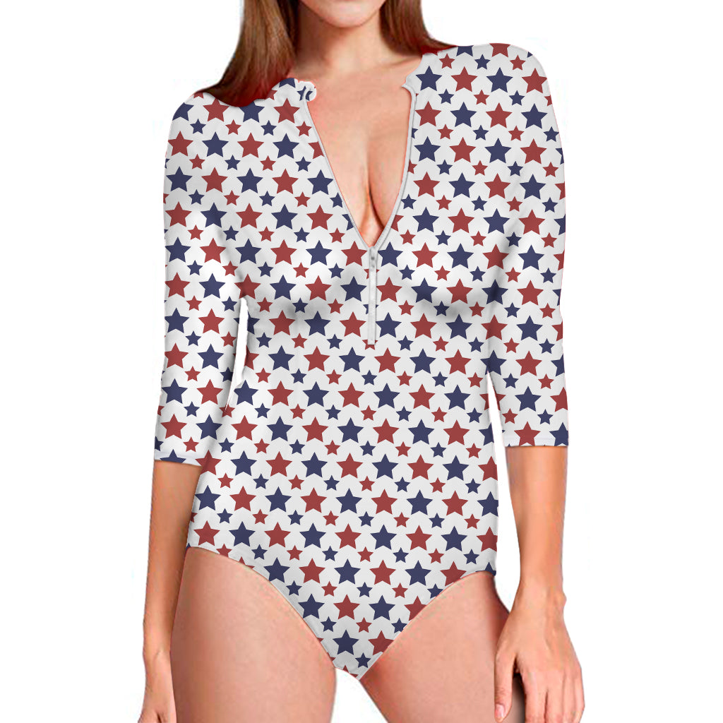 Red And Blue American Star Pattern Print Long Sleeve One Piece Swimsuit