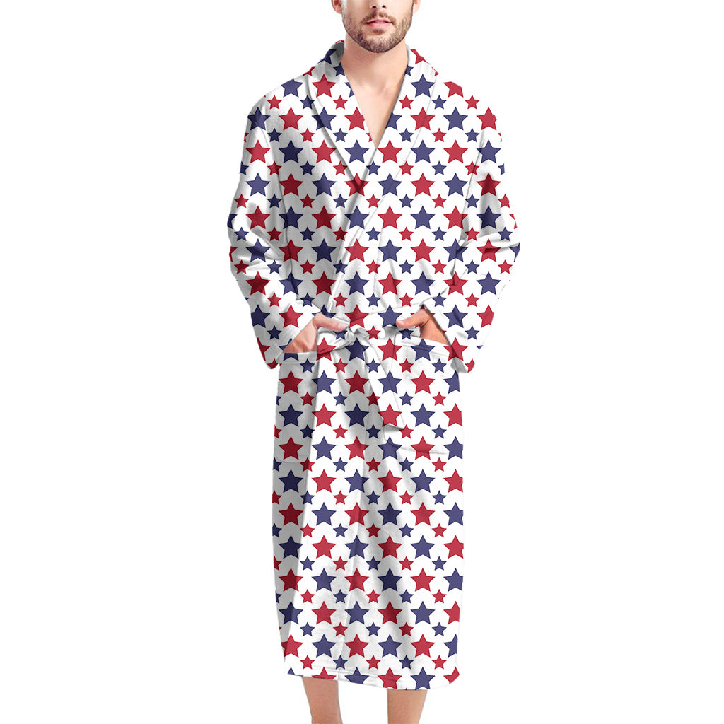 Red And Blue American Star Pattern Print Men's Bathrobe