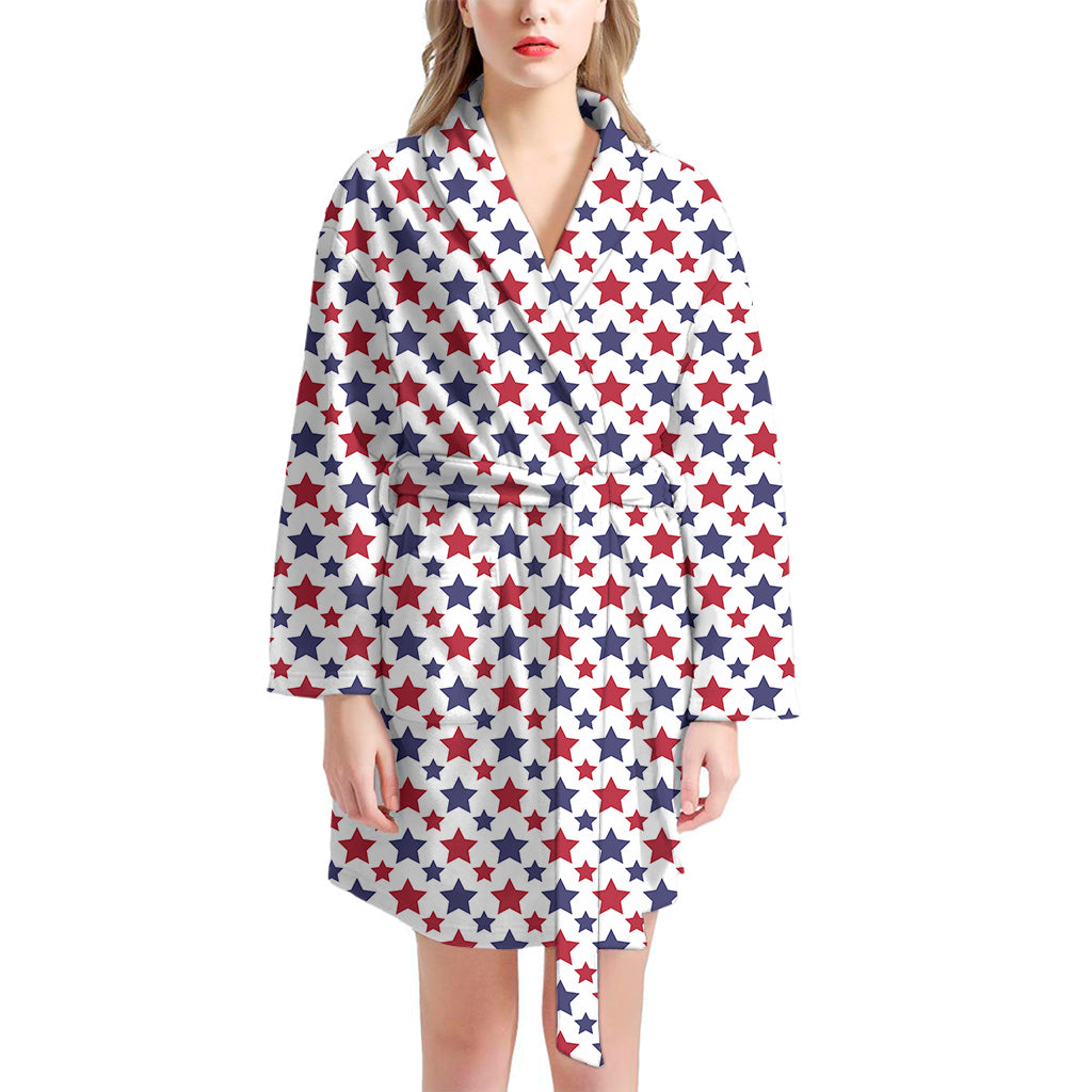 Red And Blue American Star Pattern Print Women's Bathrobe