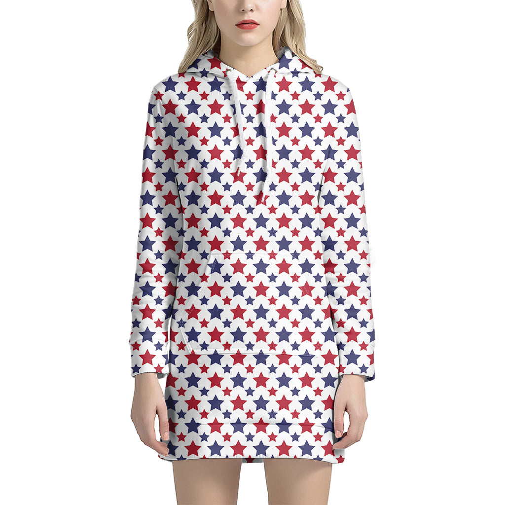 Red And Blue American Star Pattern Print Women's Pullover Hoodie Dress