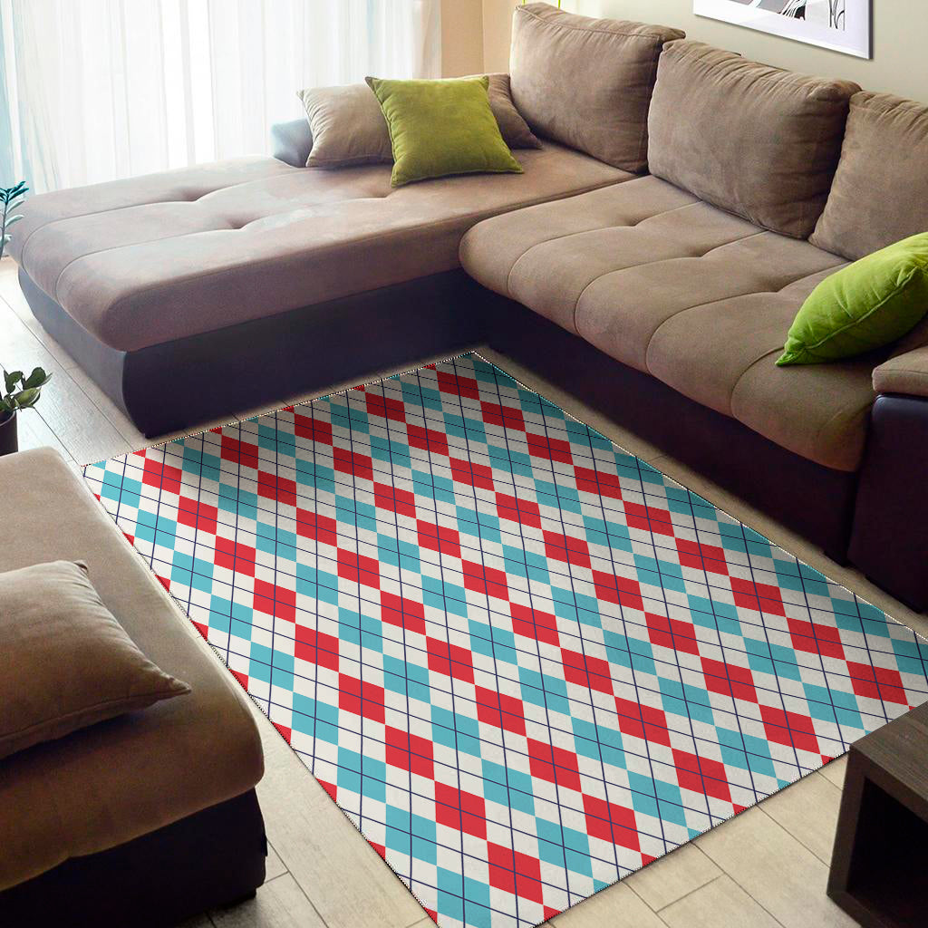 Red And Blue Argyle Pattern Print Area Rug