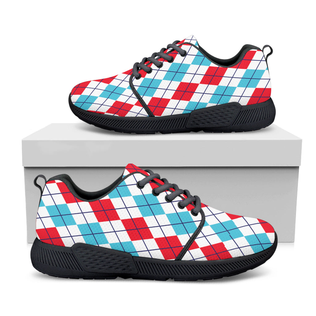 Red And Blue Argyle Pattern Print Black Athletic Shoes