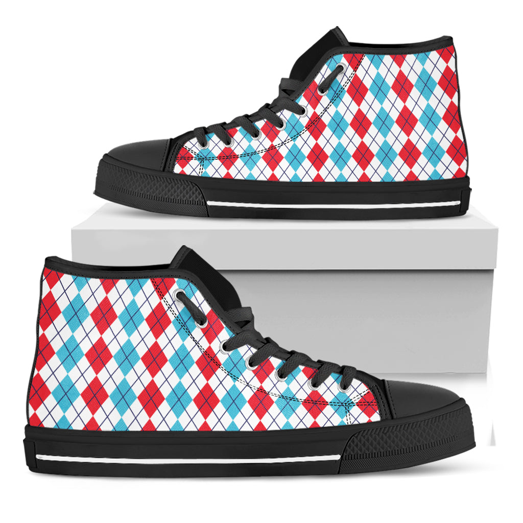 Red And Blue Argyle Pattern Print Black High Top Shoes