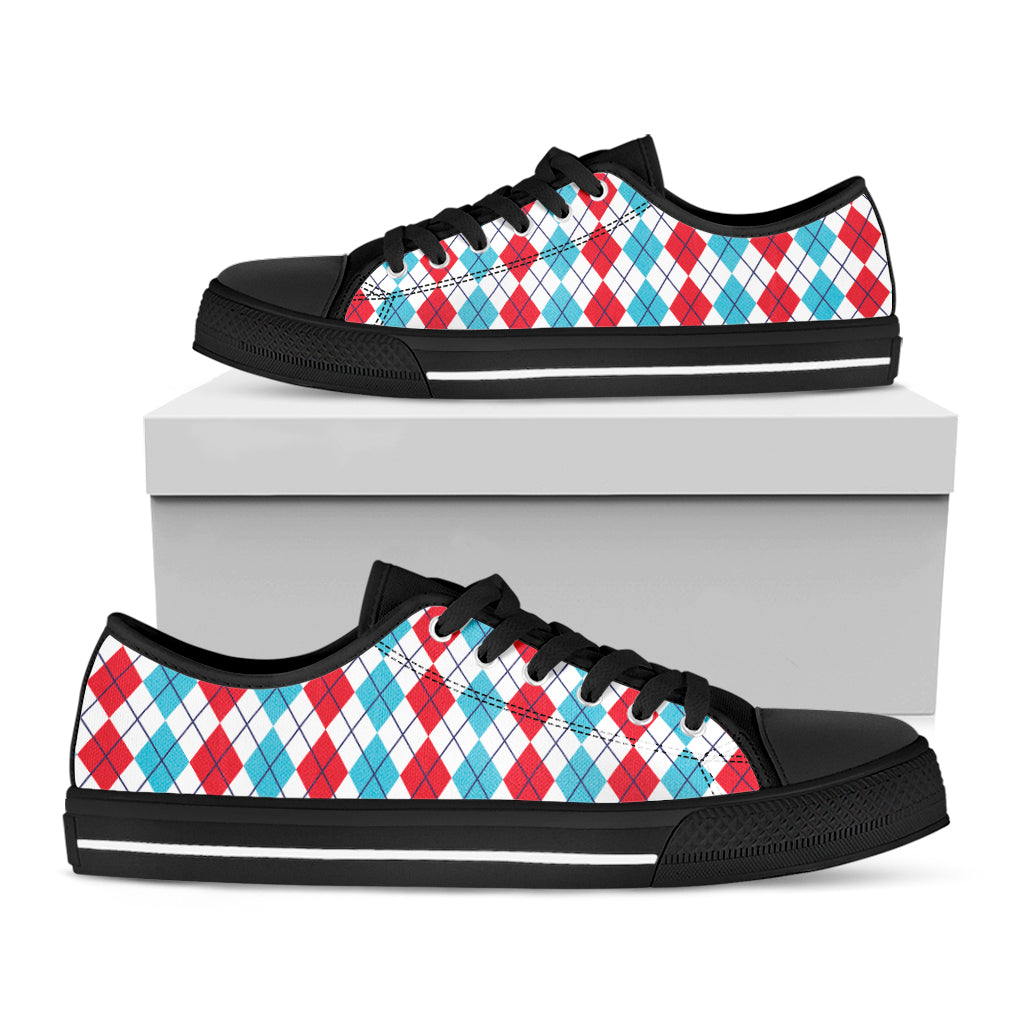 Red And Blue Argyle Pattern Print Black Low Top Shoes