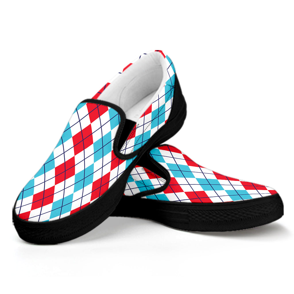 Red And Blue Argyle Pattern Print Black Slip On Shoes