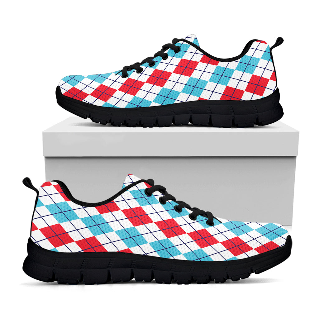 Red And Blue Argyle Pattern Print Black Sneakers