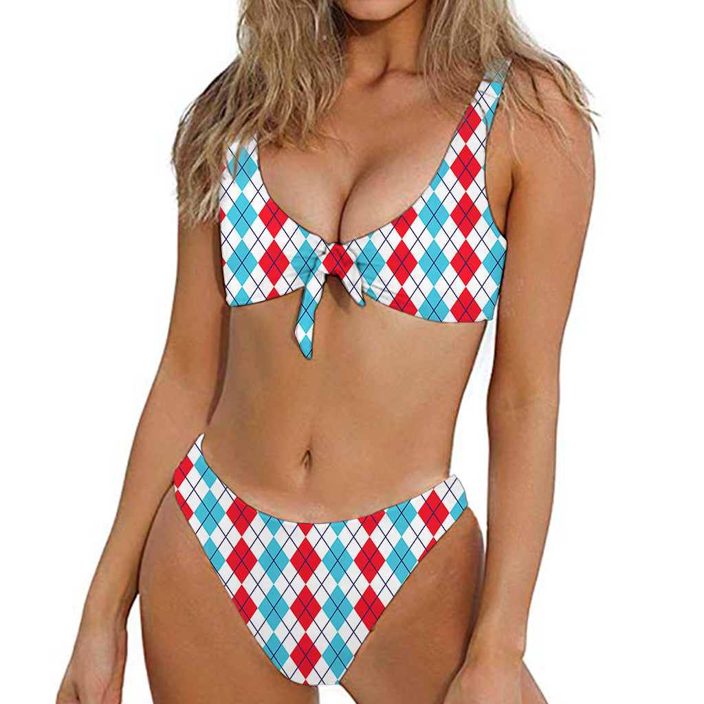 Red And Blue Argyle Pattern Print Front Bow Tie Bikini