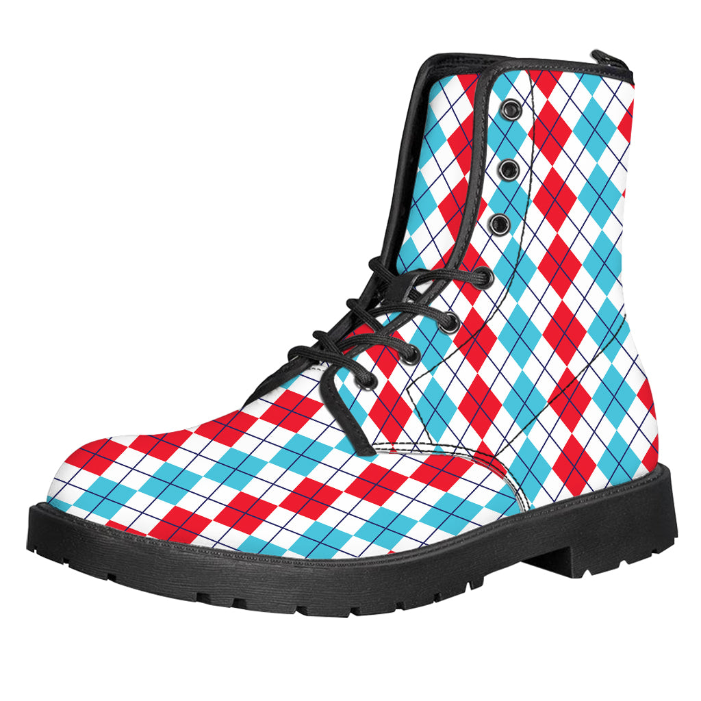 Red And Blue Argyle Pattern Print Leather Boots