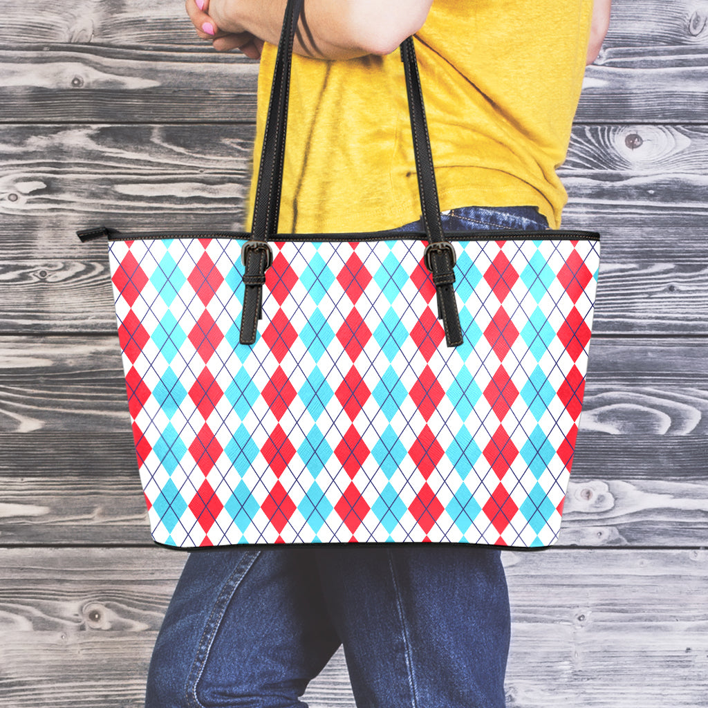 Red And Blue Argyle Pattern Print Leather Tote Bag