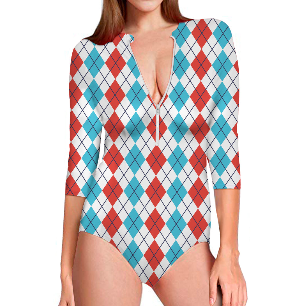 Red And Blue Argyle Pattern Print Long Sleeve One Piece Swimsuit