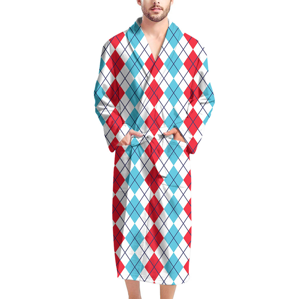 Red And Blue Argyle Pattern Print Men's Bathrobe