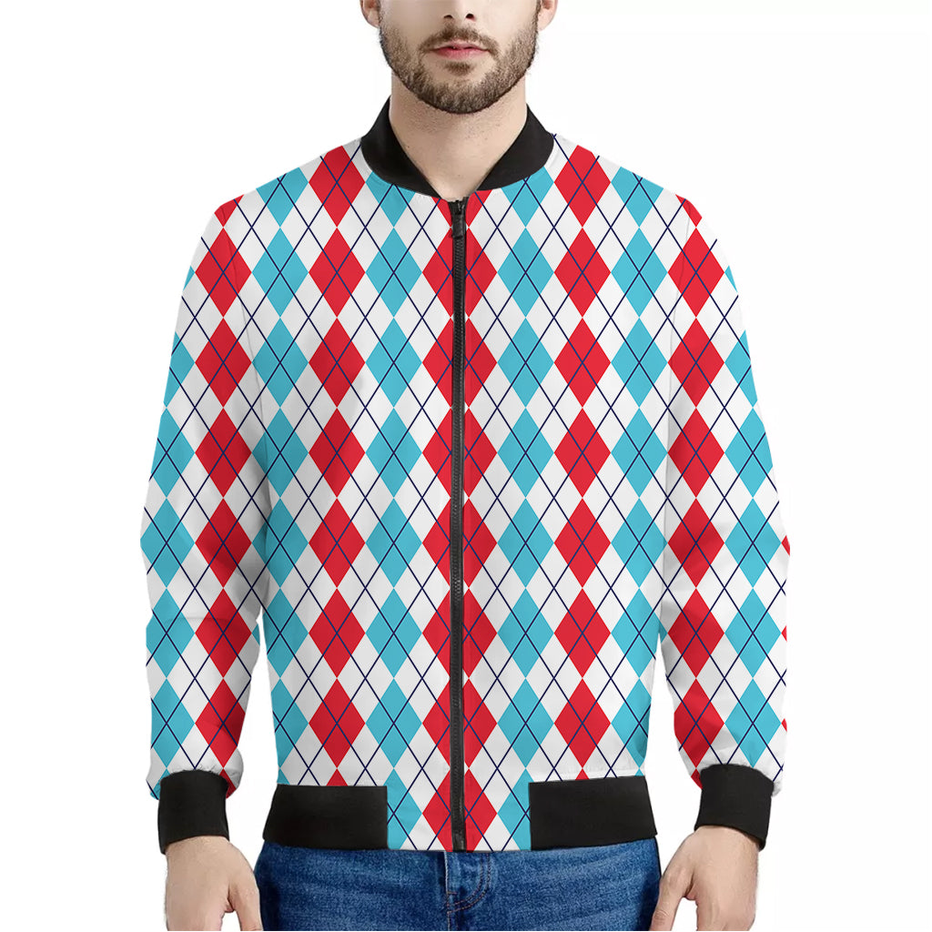 Red And Blue Argyle Pattern Print Men's Bomber Jacket