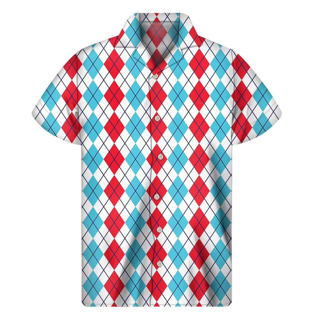 Red And Blue Argyle Pattern Print Men's Short Sleeve Shirt