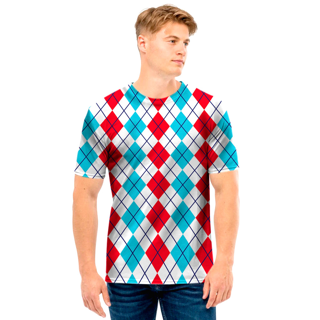 Red And Blue Argyle Pattern Print Men's T-Shirt