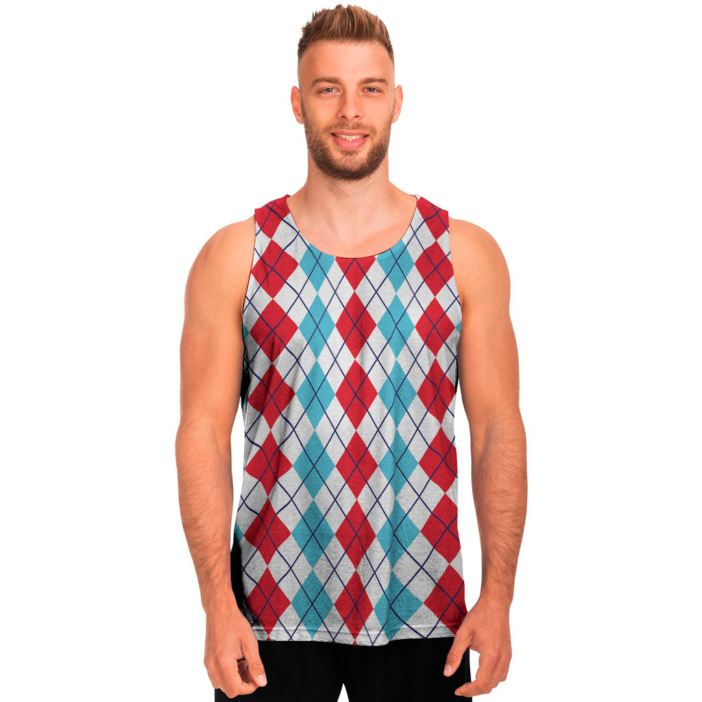 Red And Blue Argyle Pattern Print Men's Tank Top