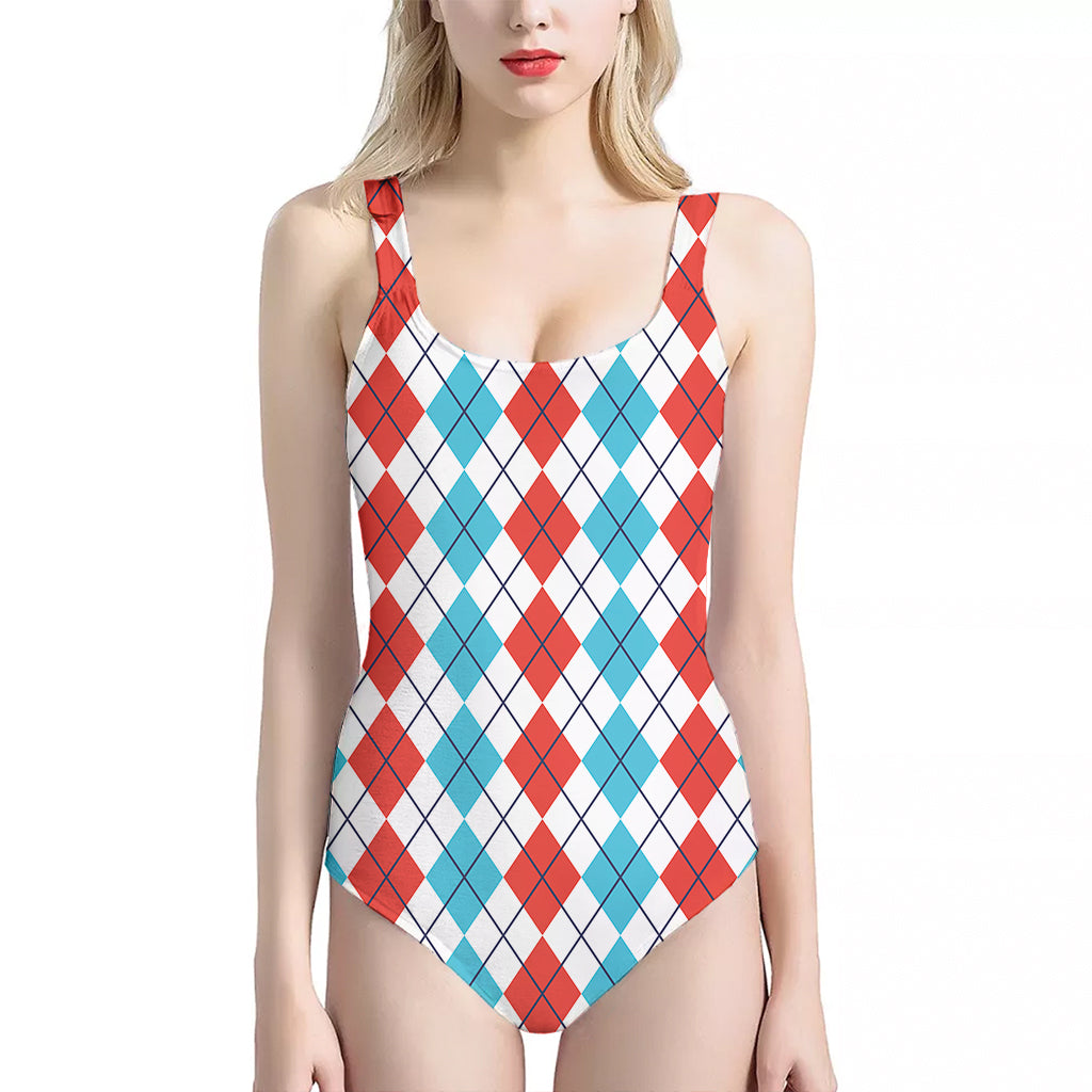 Red And Blue Argyle Pattern Print One Piece Halter Neck Swimsuit