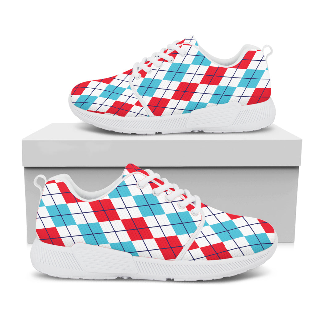 Red And Blue Argyle Pattern Print White Athletic Shoes