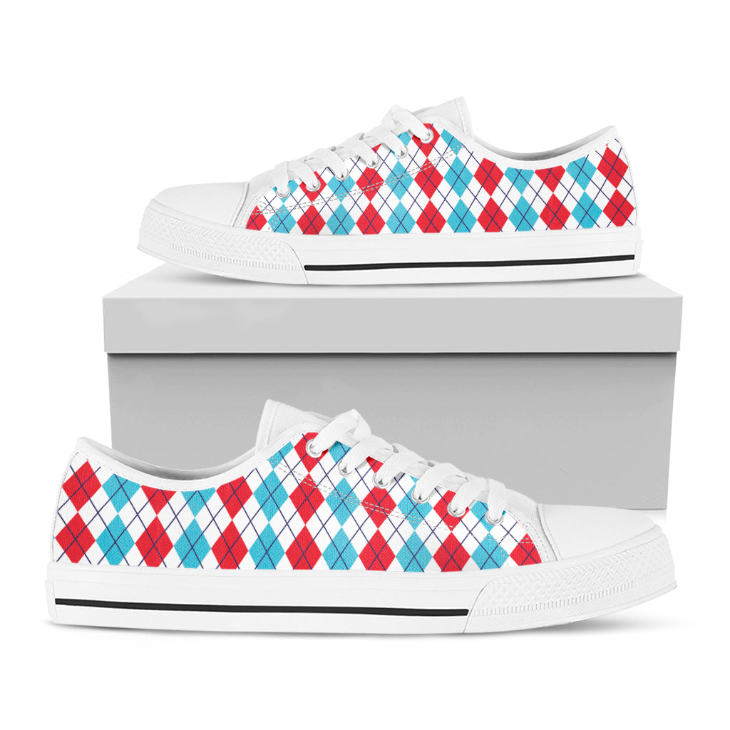 Red And Blue Argyle Pattern Print White Low Top Shoes