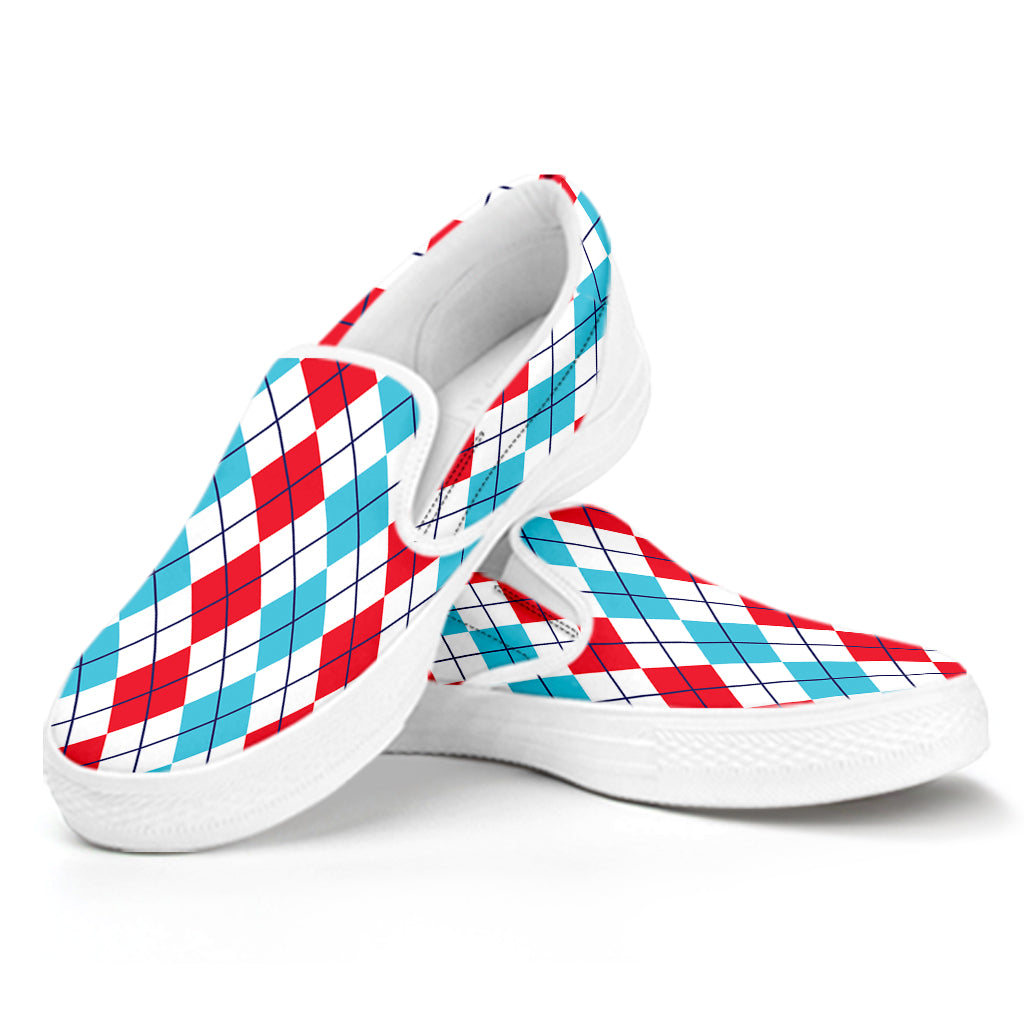 Red And Blue Argyle Pattern Print White Slip On Shoes