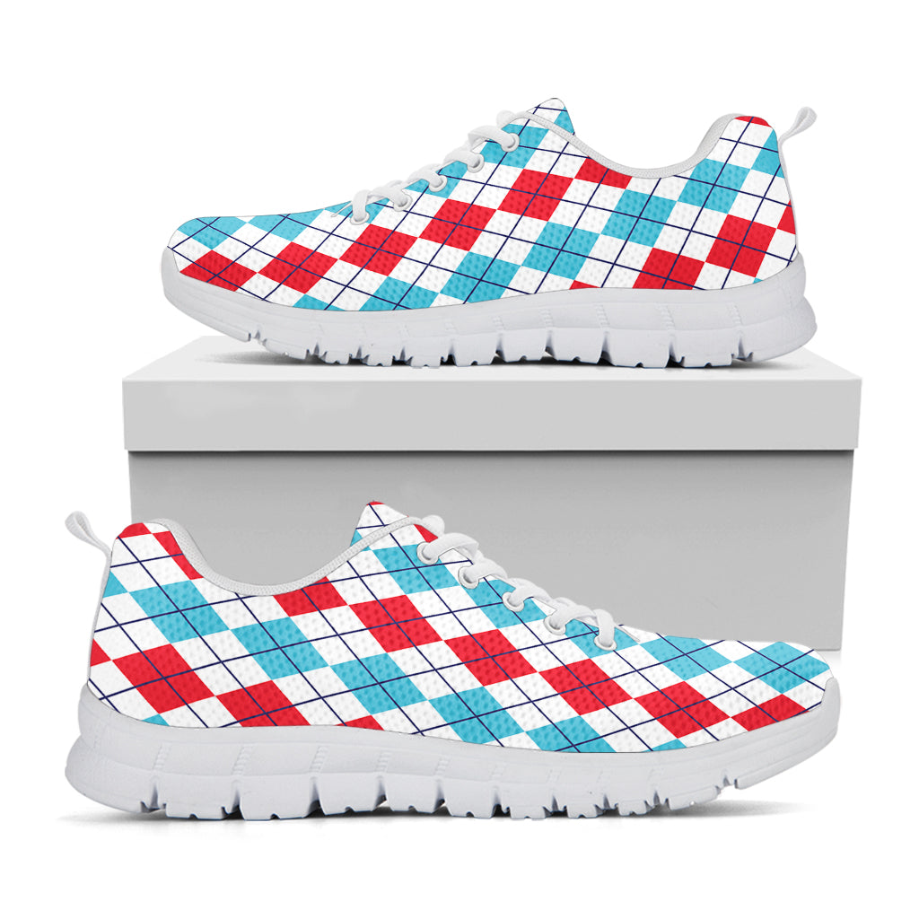 Red And Blue Argyle Pattern Print White Sneakers