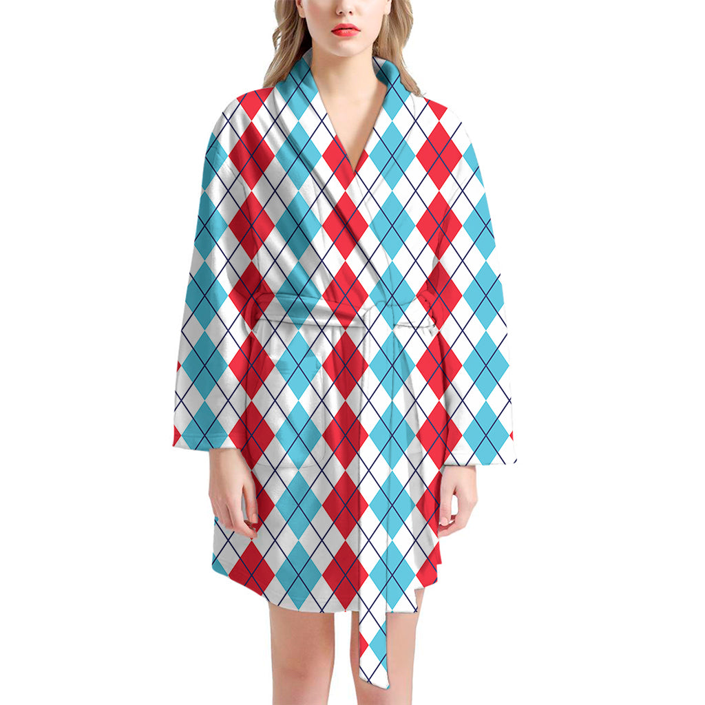 Red And Blue Argyle Pattern Print Women's Bathrobe