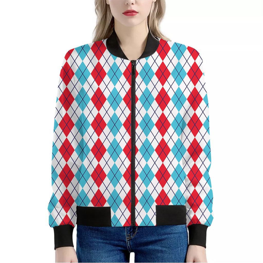 Red And Blue Argyle Pattern Print Women's Bomber Jacket