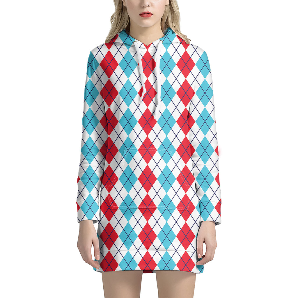 Red And Blue Argyle Pattern Print Women's Pullover Hoodie Dress