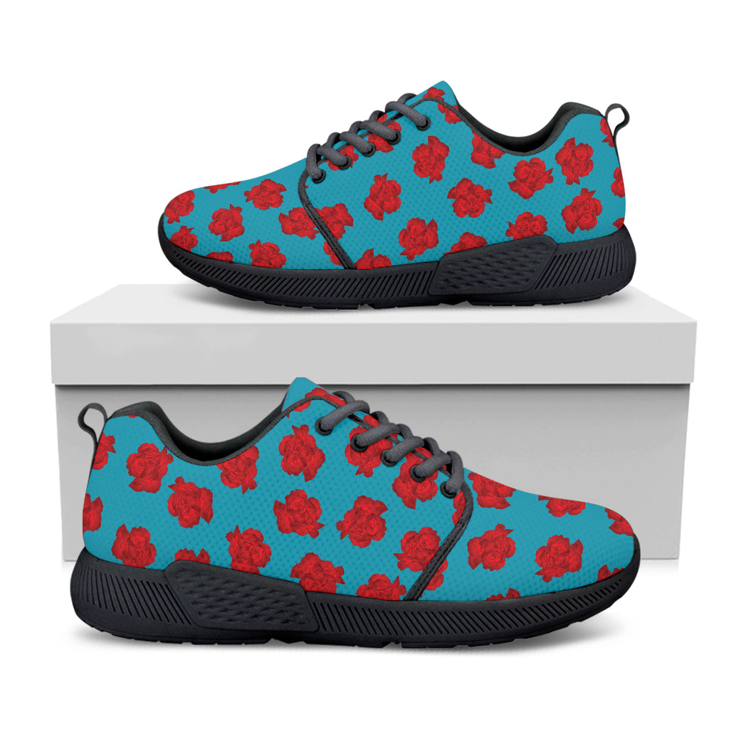 Red And Blue Carnation Pattern Print Black Athletic Shoes