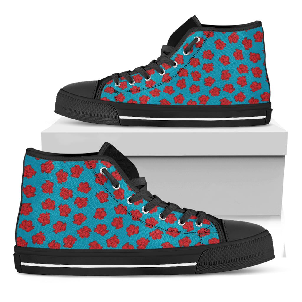 Red And Blue Carnation Pattern Print Black High Top Shoes