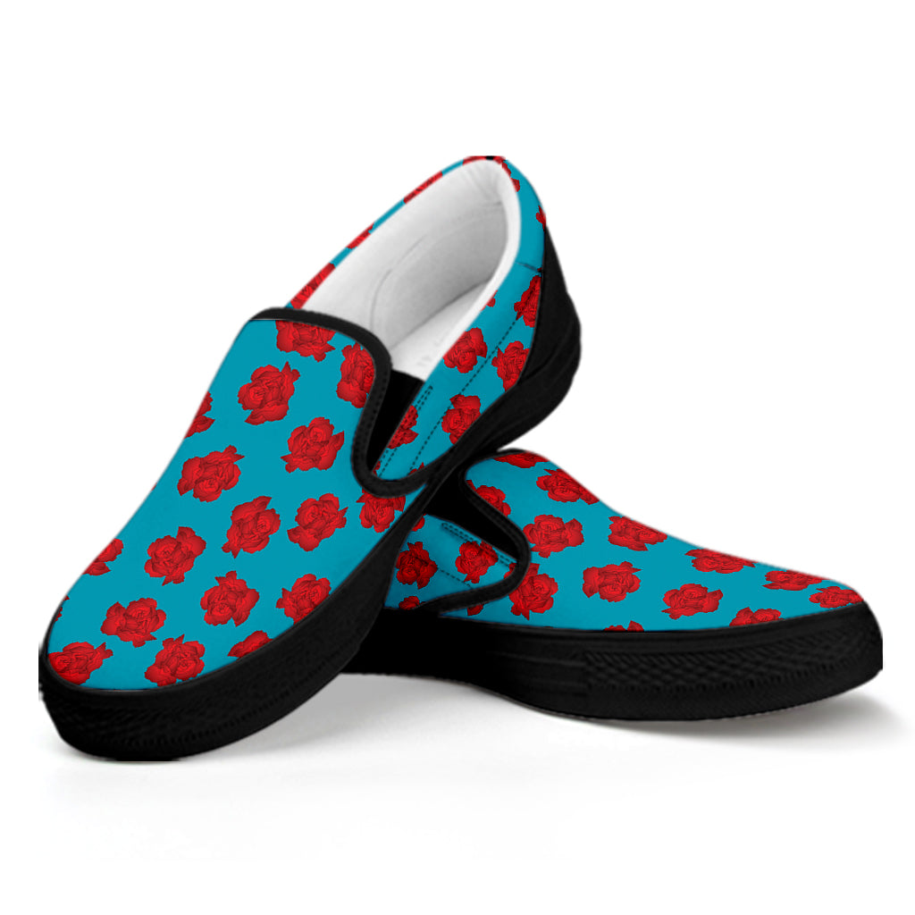 Red And Blue Carnation Pattern Print Black Slip On Shoes