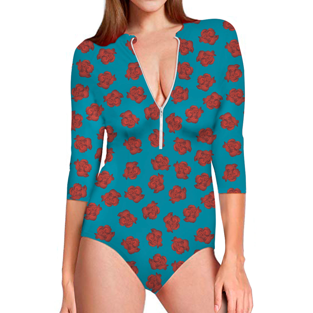 Red And Blue Carnation Pattern Print Long Sleeve One Piece Swimsuit